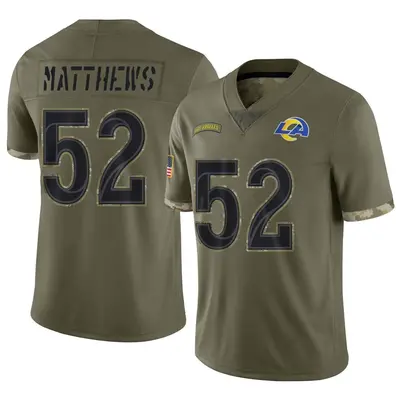 Men's Limited Clay Matthews Los Angeles Rams Olive 2022 Salute To Service Jersey